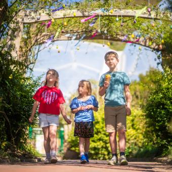Children walking underneath an archway and hanging eggs at the Eden Project